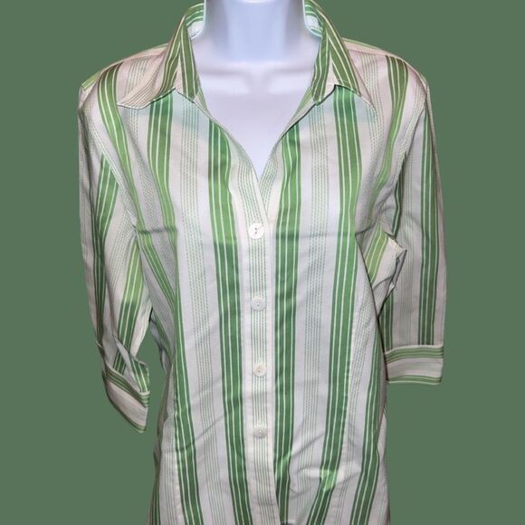 Foxcroft Non Iron Fitted Green White Stripe Button Up Shirt Size 16 B1 - Picture 3 of 3